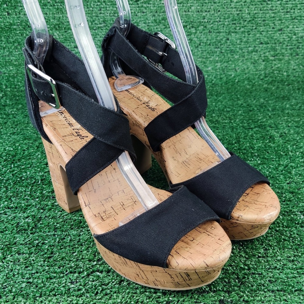 American Eagle Sandals Women 7 Black Platform Cork Block Heel Ankle Strap Canvas